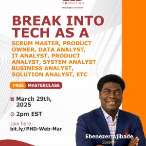 Break Into Tech As A Scrum Master, Product Owner, Data Analyst, It Analyst, Product Analyst, System Analyst Business Analyst, Solution Analyst, Etc